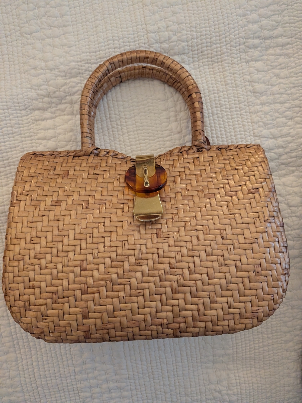 Vintage Woven Straw Handbag in Natural Tan with Gold-Tone Clasp